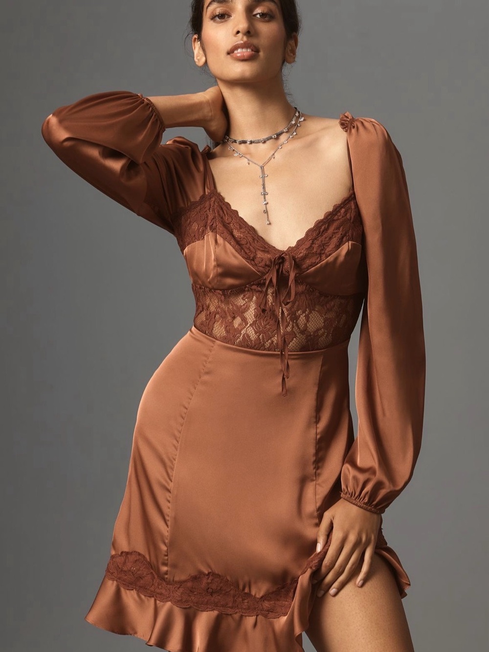 Anthropologie- Satin Lace Trim Dress - Brown - Picture 1 of 5